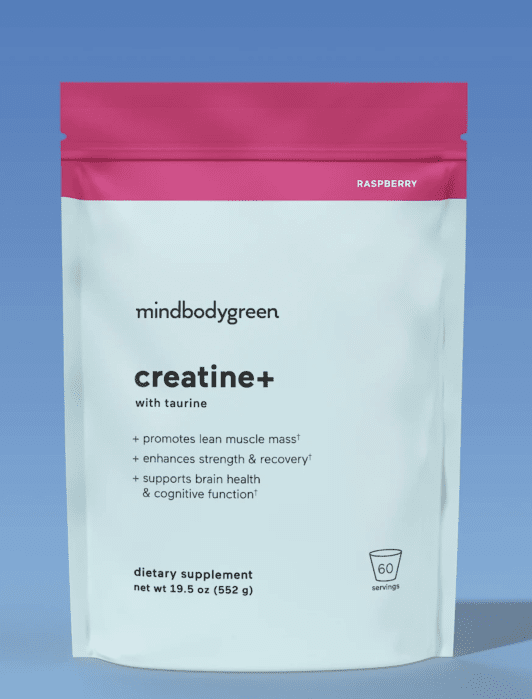 A raspberry-flavored creatine supplement pouch labeled "mindbodygreen creatine+ with taurine," promoting muscle mass, strength recovery, brain health, and cognitive function. 60 servings, 552g.