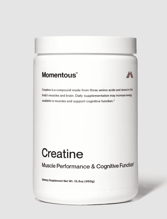 White container labeled "Momentous Creatine," featuring text about muscle performance and cognitive function. Net weight 15.8 oz (450g).