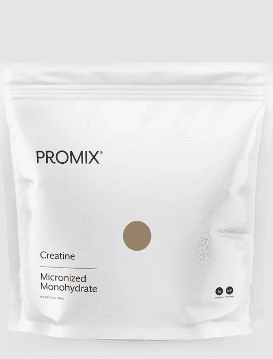 White sealed pouch labeled "PROMIX Creatine Micronized Monohydrate" on a plain background.