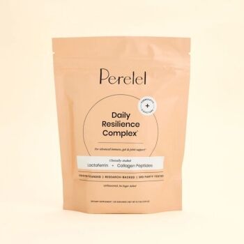 A beige resealable pouch labeled "Perelel Daily Resilience Complex" with key ingredients lactoferrin and collagen peptides, and product details printed on the front.