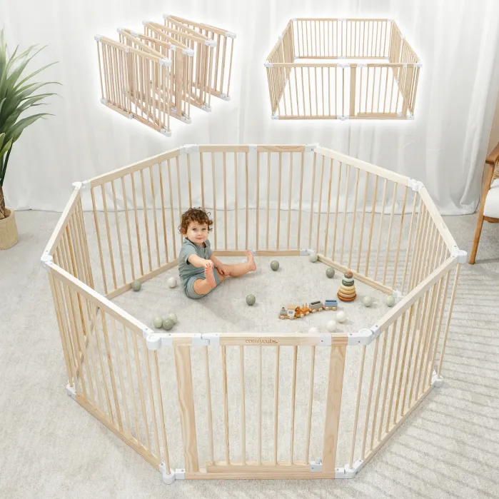 A toddler sits inside an octagonal wooden playpen on a carpeted floor, surrounded by toys; additional playpen configurations are shown above.
