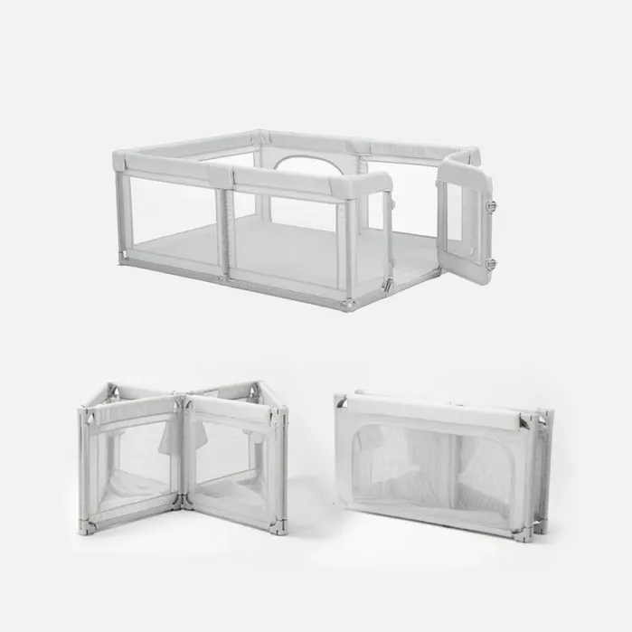 Collapsible white playpen with mesh sides shown fully assembled, partially folded, and completely folded for storage or transport.
