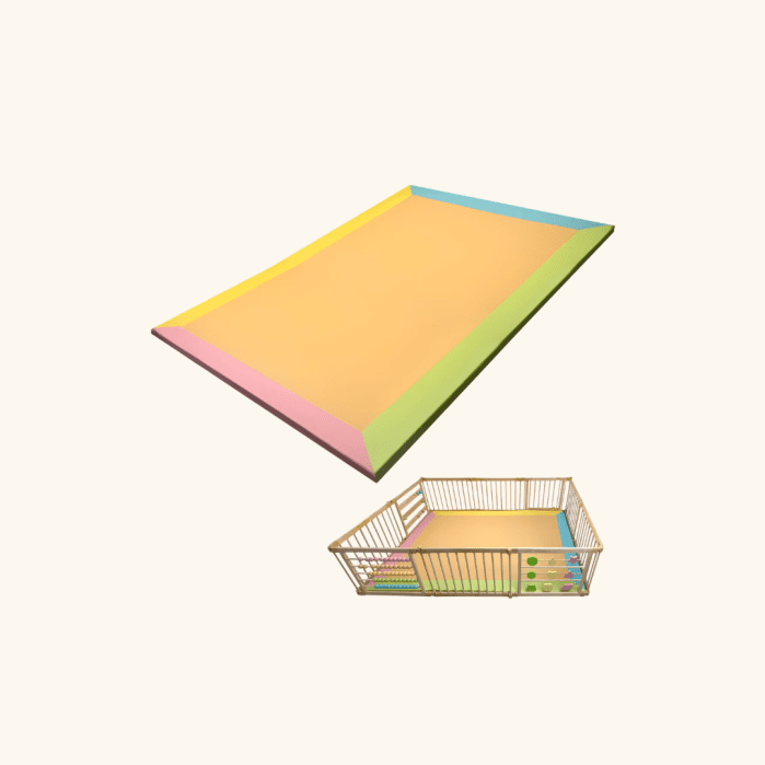Rectangular pastel foam mat with raised edges, shown alone and inside a wooden playpen for size and usage comparison.