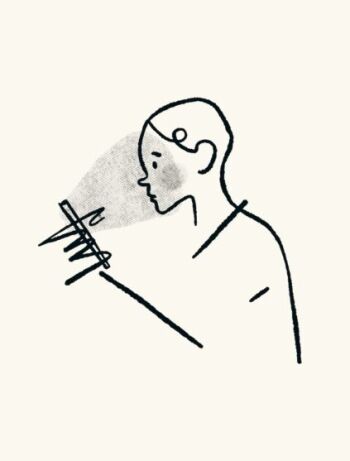 Minimalist line drawing of a person holding a smartphone, looking at the screen with light projecting onto their face.