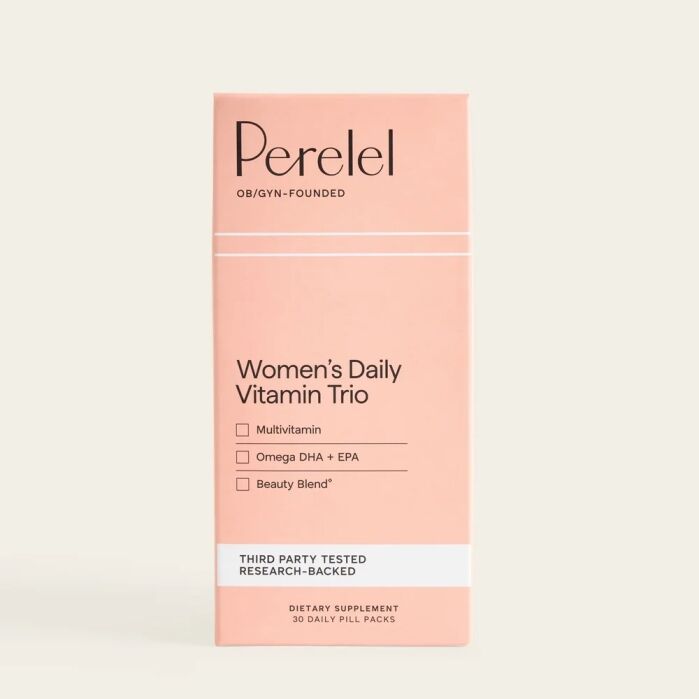 Perelel Women’s Daily Vitamin Trio box containing a multivitamin, omega DHA + EPA, and beauty blend.