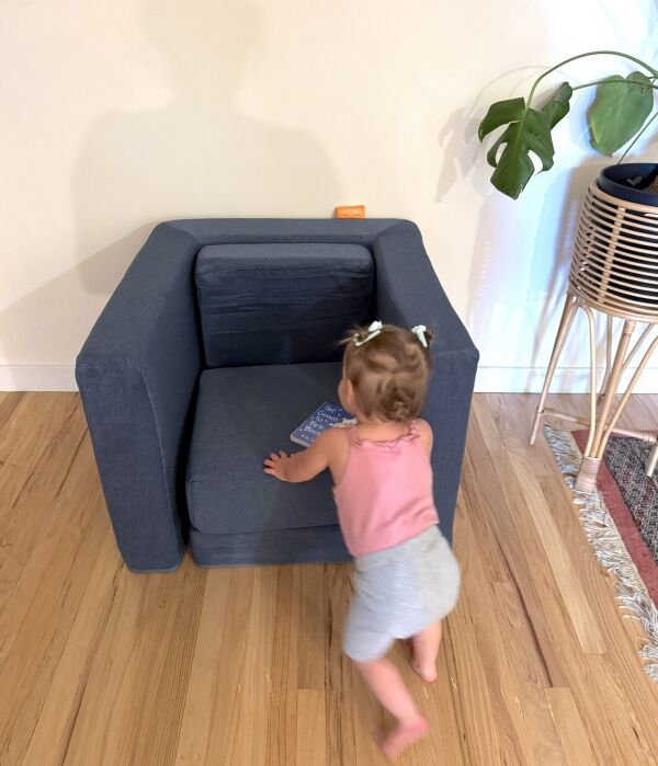 A toddler in a pink top and gray shorts stands in front of a blue armchair on a wooden floor next to a potted plant.
