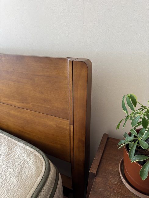 A wooden headboard next to a wooden nightstand with a potted plant.