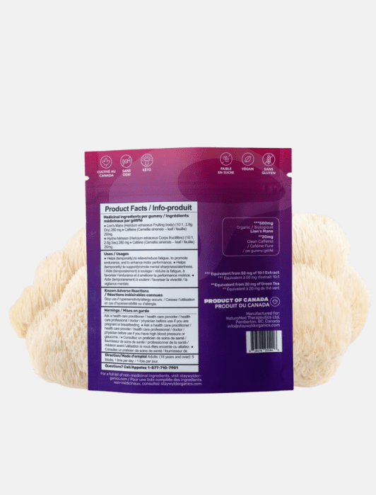 The back of a Wildly Organic Lion’s Mane supplement pouch showing medicinal ingredients, health benefits, warnings, and contact information in English and French.