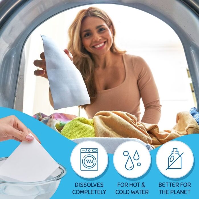A woman adds a laundry detergent sheet to a washing machine with colorful clothes. Icons show it dissolves completely, works in hot and cold water, and is environmentally friendly.