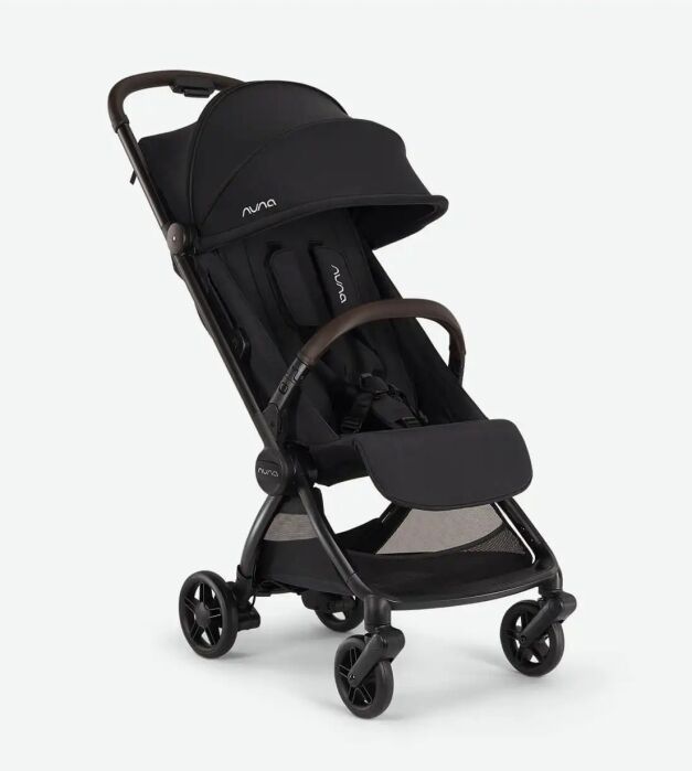A black Nuna baby stroller with four wheels, a canopy, padded seat, and safety harness, shown at a three-quarter angle on a white background.