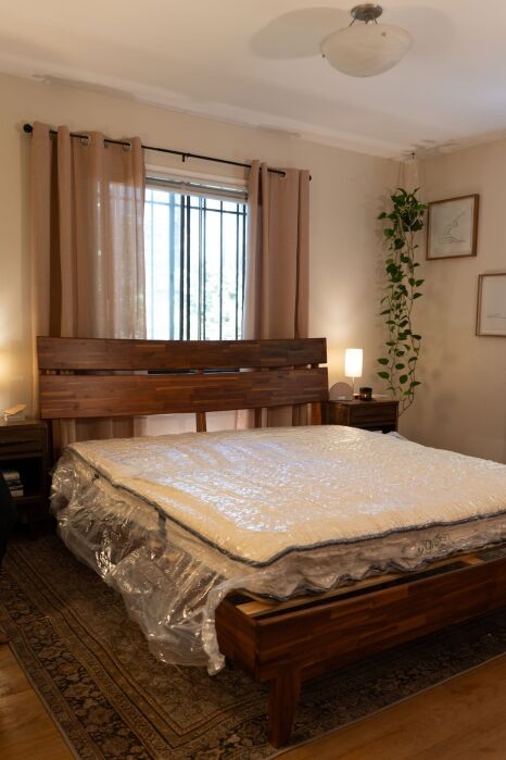 A wooden bed frame with an unwrapped mattress in a bedroom, flanked by nightstands, lamps, curtains, and a potted hanging plant.