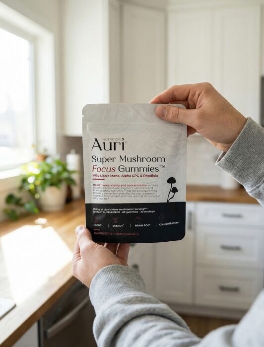 Hands holding a pouch of Auri Super Mushroom Focus Gummies, featuring lion’s mane, Alpha GPC, and rhodiola, in a kitchen setting.