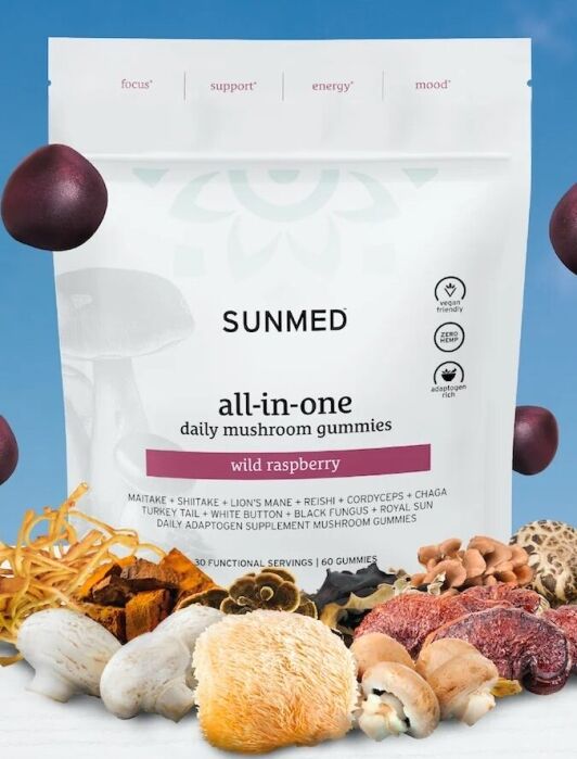 Sunmed all-in-one mushroom gummy bag surrounded by various whole mushrooms against a blue sky.