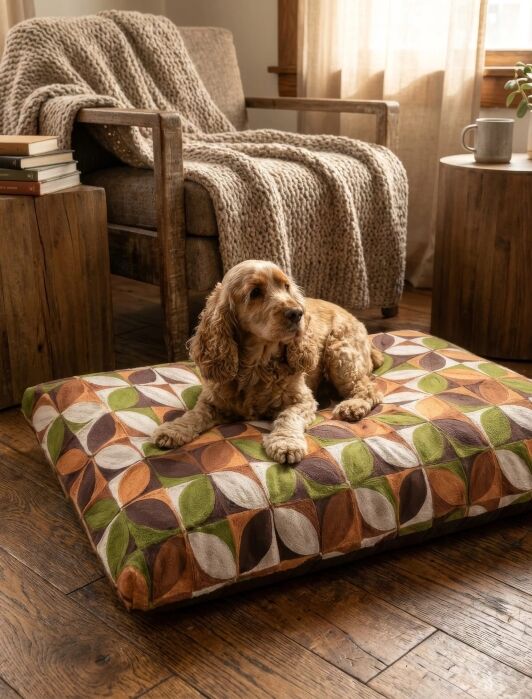 A brown and tan dog lies on a patterned cushion in a cozy living room with a wooden chair, side table, and a knit blanket.