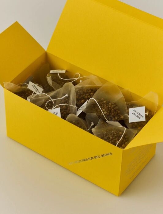 Bright yellow box open to reveal several pyramid-shaped mesh tea bags filled with dried herbs, each with a tag labeled “Doctor Stolberg.”