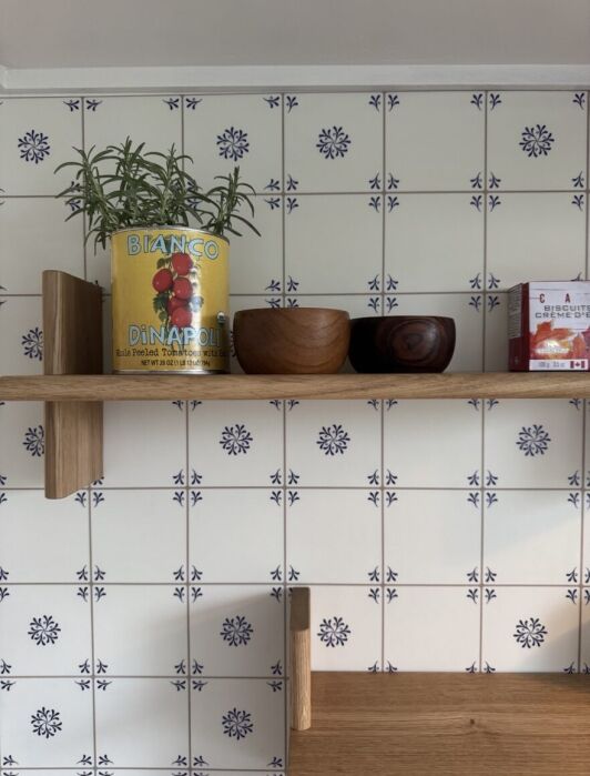 A wooden shelf against a blue and white patterned tile wall holds a Bianco DiNapoli tomato can containing a small plant, two wooden bowls, and a box of biscuits.