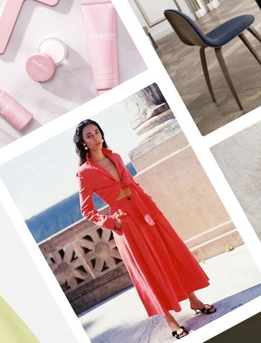 A collage of fashion and beauty products for online shopping surrounding a large purple icon with the word “shop” in white text.