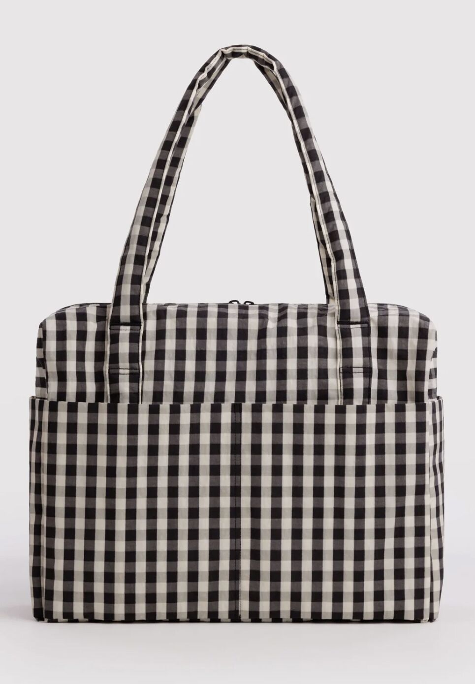 Black and white gingham tote bag with two shoulder straps.