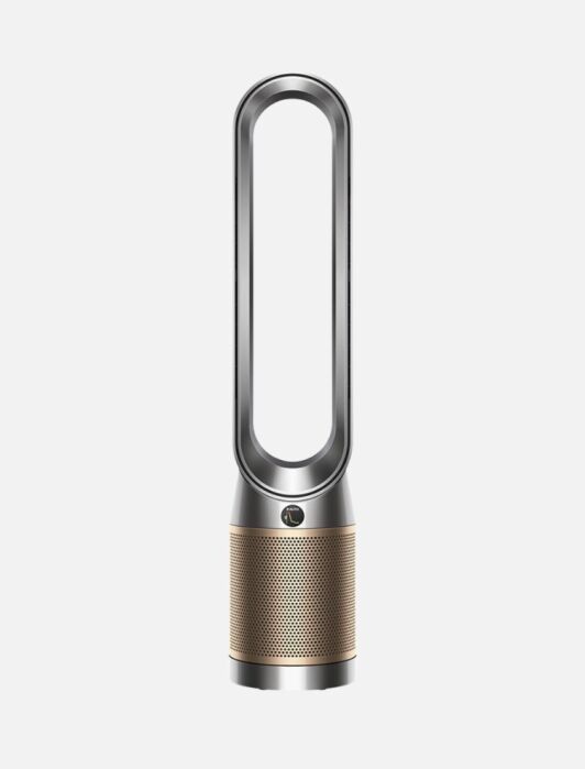 Dyson Air Purifier with an oval air amplifier and a gold-colored base.