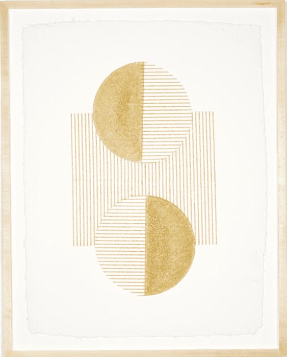 A block print of circles, lines, and a square. 