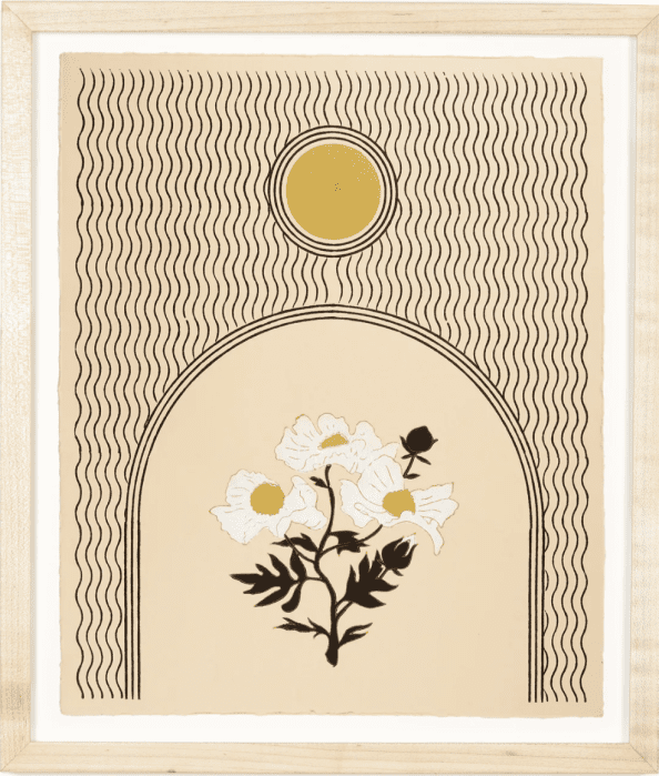 A block print of three poppies in an archway with lines and a sun above it. 