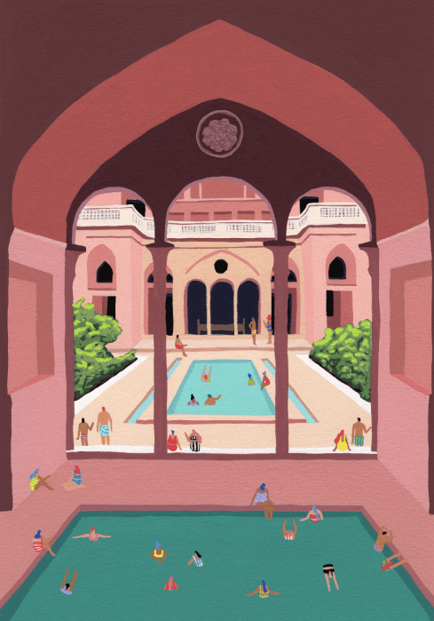 Artwork of a turkish bath. 