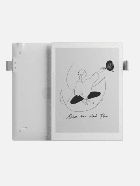 A digital notepad with a stylus and a screen displaying a sketch of a person painting the words “Dive into Mind Flow.”.