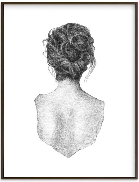 Graphite drawing of the back of a woman's head and shoulders and upper back. 