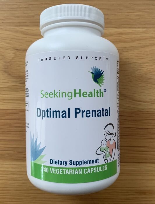 Close up of a bottle of Seeking Health Prenatals. 