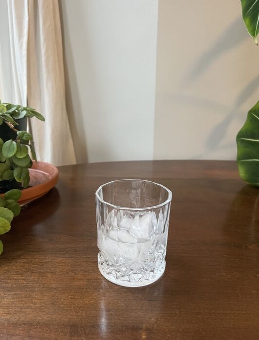 A glass with ice cubes sits on a wooden surface, surrounded by green potted plants.