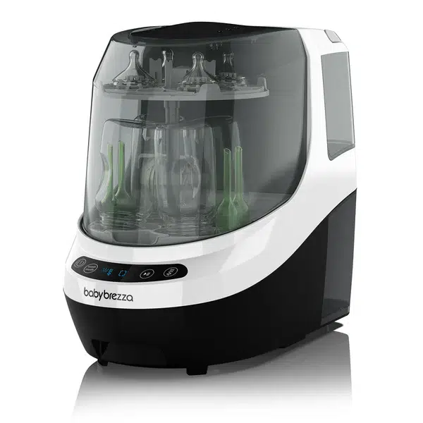 Electric baby bottle sterilizer and dryer with digital controls, transparent lid, and bottle compartments.