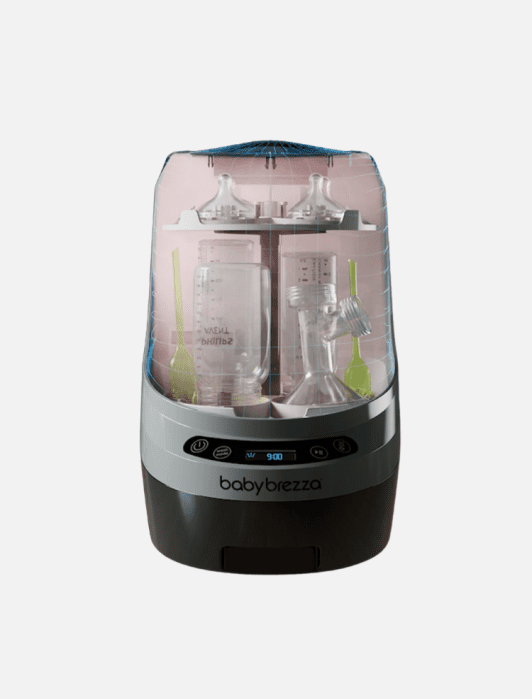 A Baby Brezza sterilizer with multiple baby bottles, lids, and brushes arranged inside, shown from the front on a white background.
