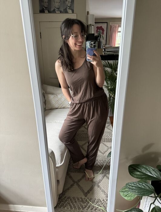 Editor wearing MATE the Label pajamas. 