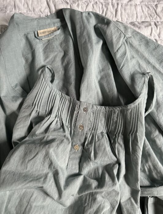Close up of Coyuchi pajamas. 