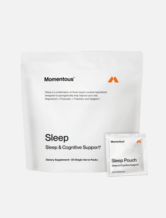 White packaging of Momentous Sleep & Cognitive Support supplements, featuring a large resealable bag and a smaller single-serve pouch.