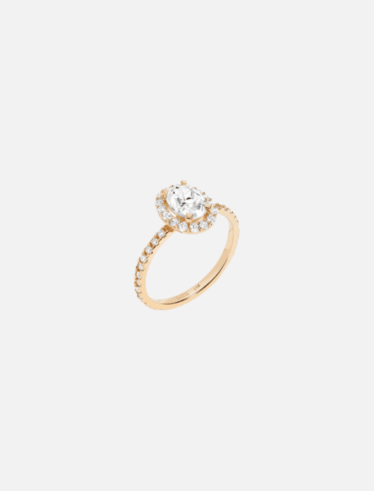 A gold engagement ring with a central oval diamond surrounded by smaller diamonds, set on a diamond-studded band.