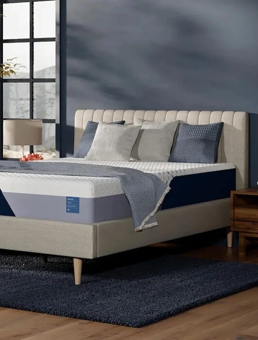 Bedroom with a light beige upholstered bed featuring a Nectar mattress, gray bedding, and pillows. Two side tables with lamps, a gray rug, and dark walls with windows complete the setting.
