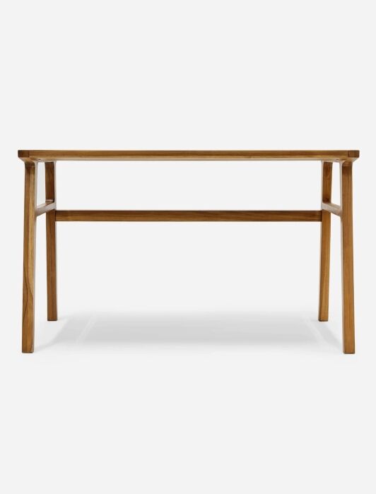 A wooden table with a simple rectangular design and four straight legs, viewed from the front.