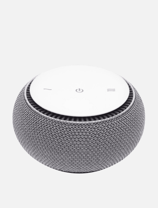A spherical smart speaker with a mesh exterior and white touch controls, including power and volume, on top.