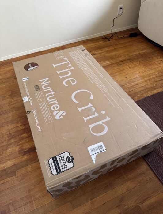A large cardboard box labeled "The Crib" sits on a wooden floor near a wall outlet and a brown rug.