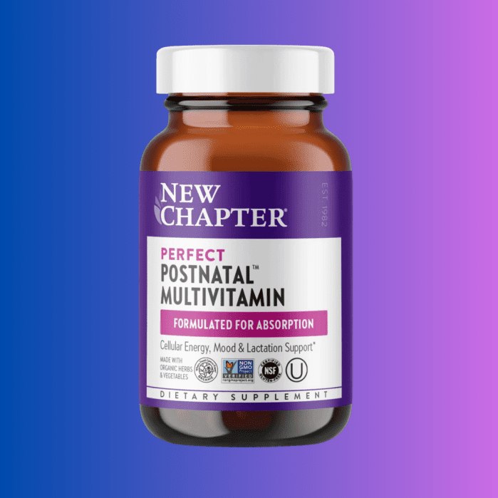 A bottle of New Chapter Perfect Postnatal Multivitamin dietary supplement is shown against a purple and blue gradient background.