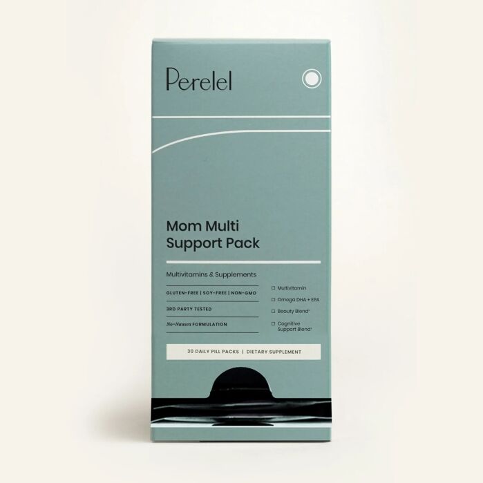 A rectangular box labeled "Perelel Mom Multi Support Pack," containing 30 daily pill packs of multivitamins and supplements for mothers.