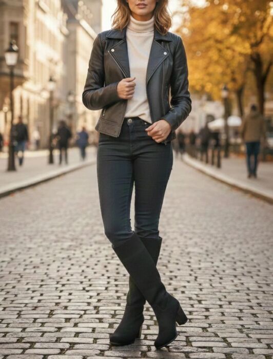 Person standing on a cobblestone street wearing a black leather jacket, white turtleneck, black pants, and knee-high black boots; trees with autumn leaves in the background.
