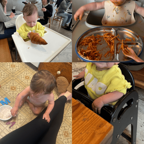 A baby eating various foods: holding a croissant, eating pasta, sitting on the floor with yogurt, and seated in a high chair wearing a yellow shirt.