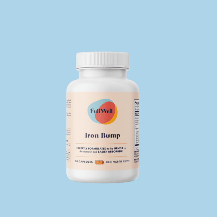 A white bottle labeled "FullWell Iron Bump" with 30 capsules, shown against a light blue background.
