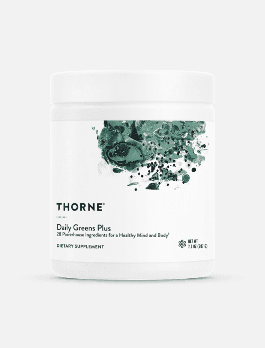 White plastic container of Thorne Daily Greens Plus dietary supplement with abstract green artwork on the label. Net weight 7.23 oz (205 g).