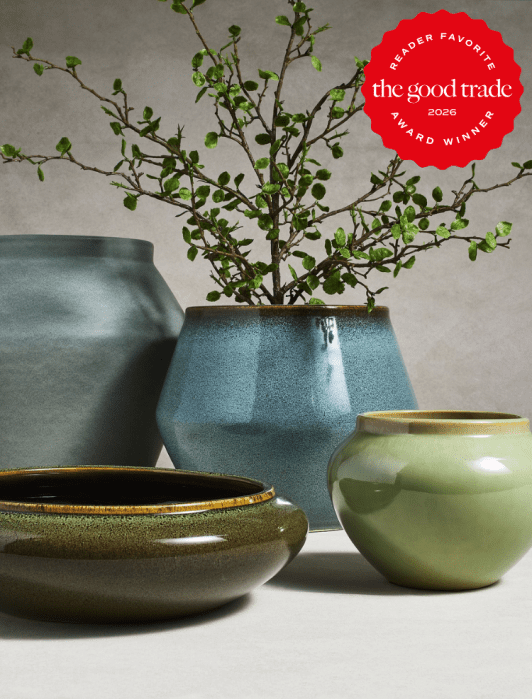 Four ceramic vases in green and blue tones, one containing a leafy branch, displayed against a neutral background. A “Reader Favorite” award badge appears in the top right corner.