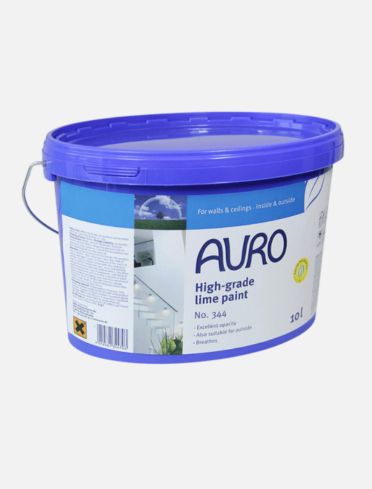 A blue 10-liter plastic bucket of AURO High-grade lime paint for walls and ceilings, labeled for interior and exterior use.