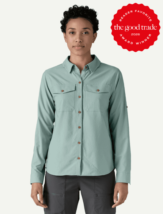 A person wearing a light green button-up shirt and dark pants stands facing forward. A red badge in the corner reads, “The Good Trade Reader Favorite Award Winner 2026.”.