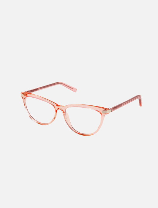 A pair of pink, translucent eyeglasses with a subtle cat-eye shape, shown on a white background.
